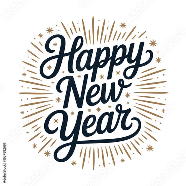 Fototapeta Happy new year hand lettered script inside gold sunburst, confetti ring effect, elegant typography poster, vector illustration card
