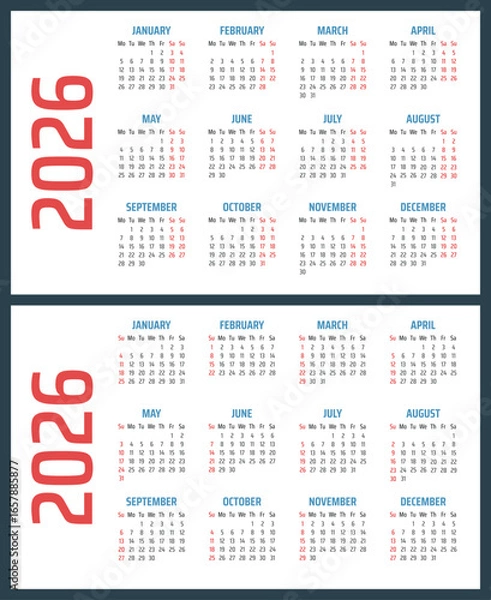Obraz calendar for 2026 starts sunday and monday, vector calendar design 2026 year