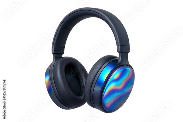 Fototapeta Modern 3d over-ear headphones with a holographic iridescent finish. 3D audio headset PNG clip art on a transparent background for a music blog, podcast icon, or gaming graphic.