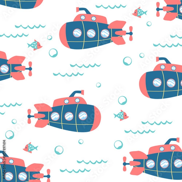Obraz submarine ship sea and fish vactor cartoon seamless pattern design for kids apparel fullprint fabric