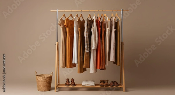 Obraz Organized Capsule Wardrobe with Earthy Tones on Wooden Clothes Rack, Featuring Dresses, Tops, and Shoes, Against a Warm Beige Background