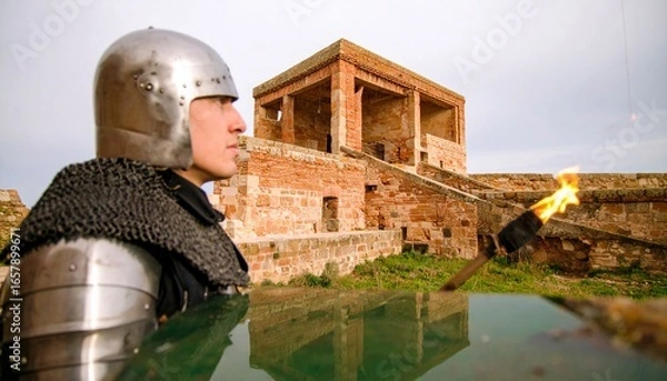 Fototapeta A Medieval Knight Stands Vigil, Awaiting Battle Near An Ancient Brick Fortress, Holding A Burning Torch, Reflecting On The Water. With Comprehensive Details And Informative Content For