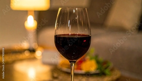 Fototapeta A Romantic Evening A Beautiful Wine Glass Filled With Red Wine, Lit By Soft Candlelight, Creating A Cozy And Elegant Atmosphere For A Relaxing Moment.