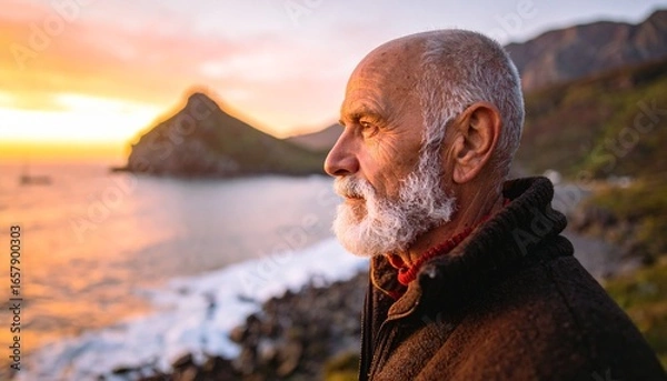 Fototapeta A Serene Portrait Captures An Elderly Man Contemplating The Sunset, A Moment Of Peaceful Reflection By The Coastline, Enhanced With Golden Hour Lighting, Perfect For Themes Of Tranquility