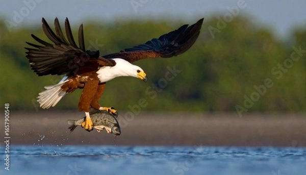 Obraz A Majestic African Fish Eagle In Flight, Soaring Across The Water With Its Prey, Showcasing Powerful Wings And Talons, Capturing Nature S Beauty And The Eagle S Hunting Prowess.