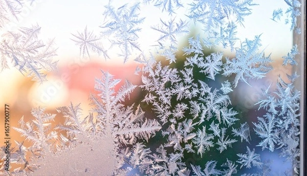 Fototapeta A Stunning Close Up Of Frost Crystals On A Window, Capturing The Delicate Beauty Of Winter, Showcasing Intricate Ice Patterns, And The Natural Formation Of Frozen Water, Ideal For Seasonal