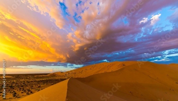 Fototapeta A Stunning Desert Landscape At Sunset Showcases Dramatic Clouds, Golden Dunes, And The Beauty Of Nature, Capturing A Breathtaking Scenic View With Vivid Colors And Serene Atmosphere.