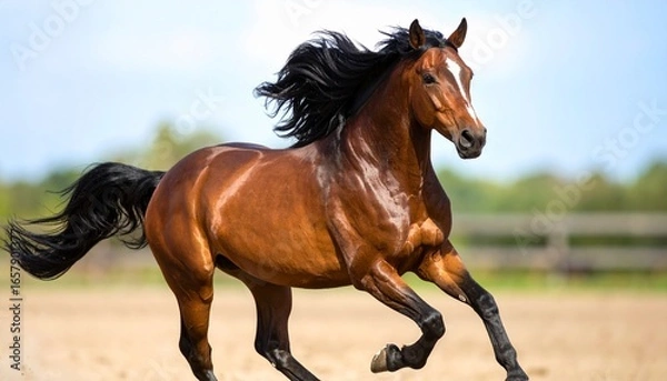 Fototapeta A Stunning Image Shows A Powerful Horse In Full Gallop, Showcasing Its Majestic Beauty And Athleticism Against A Natural Background. With Comprehensive Details And Informative Content For