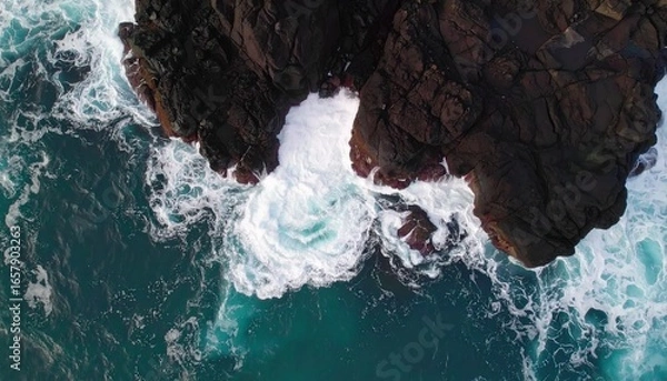 Fototapeta A Breathtaking Aerial View Captures The Raw Power Of The Ocean Waves Crashing Against The Rugged Coastal Rocks, Showcasing Nature S Majesty And The Dynamic Interaction Of Water And Stone.