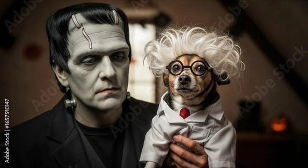 Fototapeta a cute little dog dressed as a mad scientist with the monster of frankenstein