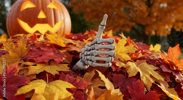 Fototapeta a spooky skeleton hand giving a thumbs up from a pile of autumn leaves