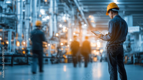 Fototapeta Worker in Safety Gear Using Tablet in Modern Industrial Factory with Machinery in Background