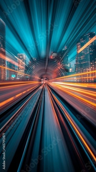 Fototapeta Dynamic light lines in a tunnel with speed blurring are useful for illustrating speed, progress, and innovation in transportation.