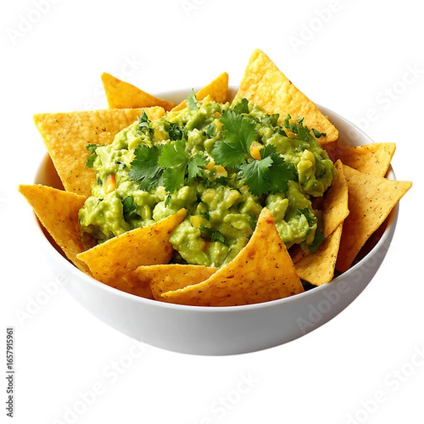 Fototapeta Bowl of guacamole with tortilla chips isolated on transparent background