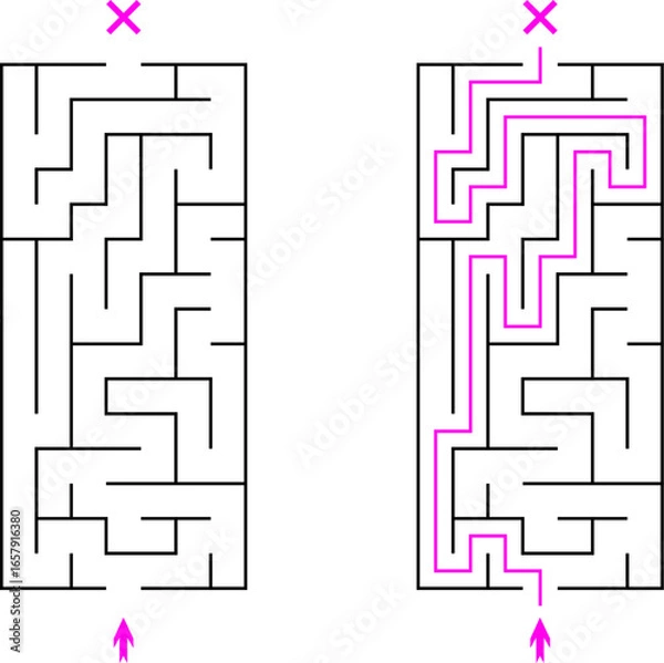 Fototapeta Vector vertical rectangular labyrinth with entry and exit. Difficulty level - easy. Children logic game. Not hard riddle solated on white background for kids and parents with solution