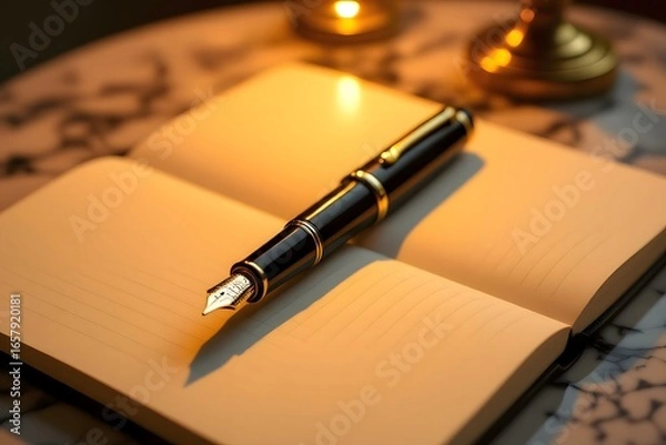 Fototapeta Elegant Fountain Pen Resting on Open Lined Notebook