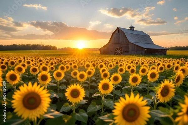 Fototapeta Golden Hour Sunflower Field with Rustic Barn