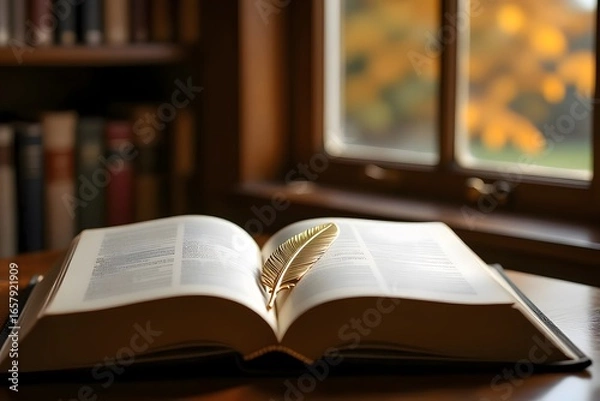 Fototapeta Open Book with Golden Feather Bookmark in Library Setting