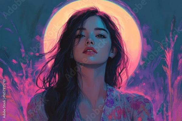 Obraz Woman with long hair stands in dreamy, ethereal setting, illuminated by glowing halo. vibrant colors and soft lighting create mystical and serene atmosphere