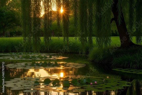 Fototapeta Serene Sunset Over Lily Pond with Weeping Willow