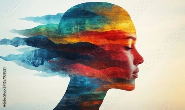 Obraz Diversity concept, depicted through colorful layers of a person's head silhouette, symbolizing unity and individuality, showcasing the blending of diverse cultures, backgrounds, Generative AI