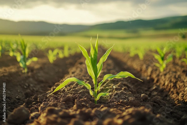 Fototapeta A young corn plant emerges from rich soil in a tranquil rural setting at sunset, showcasing vibrant green leaves and a peaceful horizon