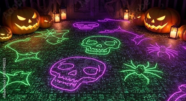 Fototapeta A glowing mosaic floor with neon Halloween patterns. Shapes of skulls, spiders, and bats shining in green and purple light. Surrounded by pumpkin lanterns
