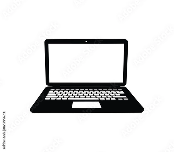 Fototapeta Black and white digital drawing of a laptop computer with blank screen silhouette vector illustration