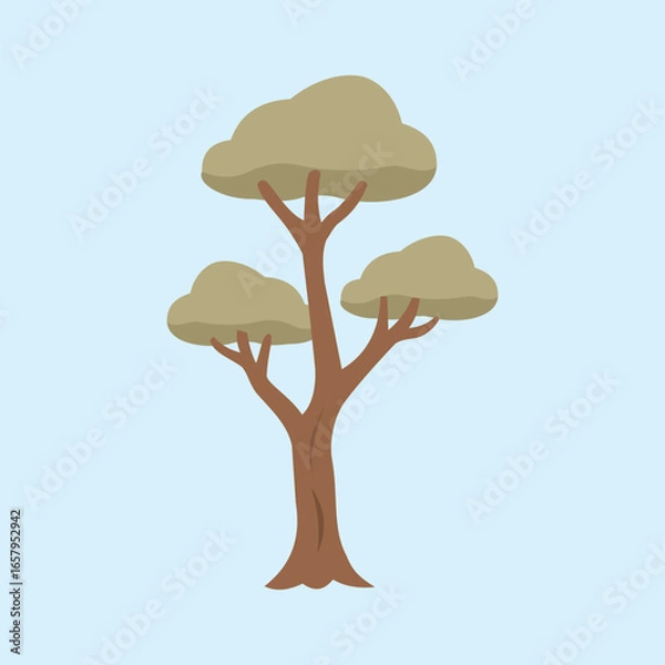 Fototapeta A simple tree illustration with a brown trunk and three canopies of dull green clumped leaves on a plain blue background.