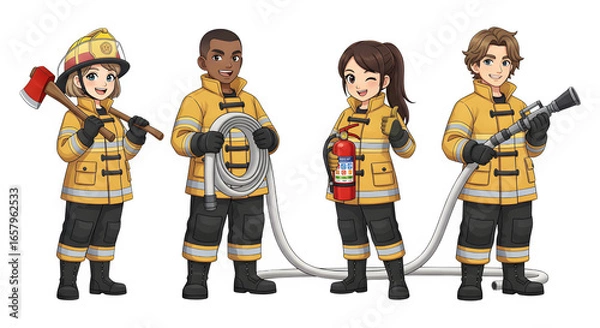 Fototapeta Set of Firefighter character cartoon design.