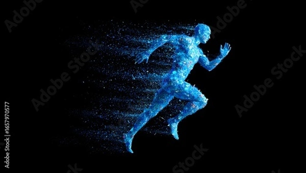 Fototapeta Abstract runner motion speed energy particles blue figure sport performance technology digital 3d art 94