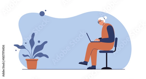 Fototapeta Senior person focused on a laptop, illustrating remote work, learning, and digital literacy. Ideal for business, technology, and lifestyle concepts.