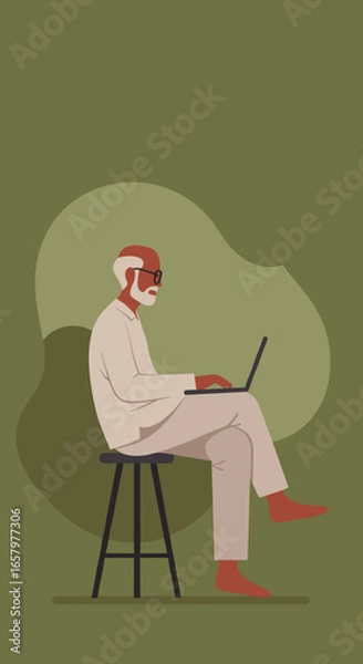 Fototapeta Focused senior man using a laptop, illustrating digital connection, lifelong learning, and modern elder engagement. Ideal for technology and lifestyle.