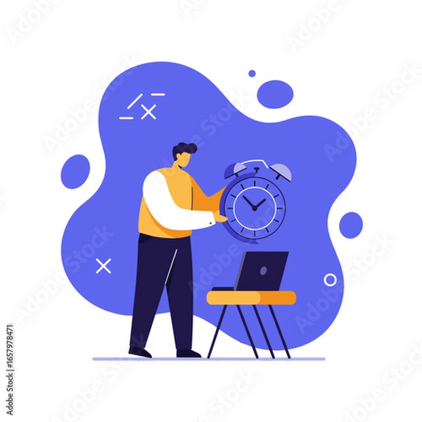 Fototapeta Man manages time with a large alarm clock near his laptop, symbolizing efficiency, deadlines, and productivity in a modern work environment.