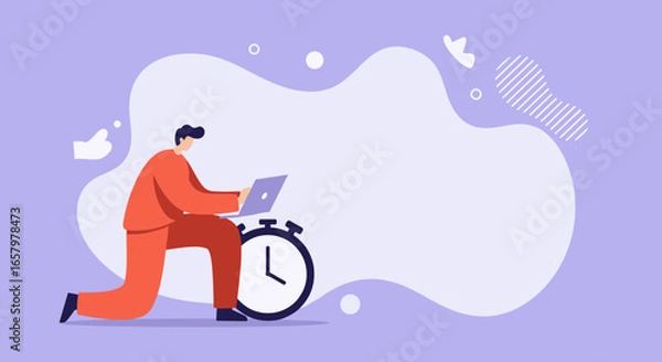 Fototapeta A focused person works on a laptop next to a large clock, symbolizing productivity, time management, and meeting deadlines for business or educational concepts.