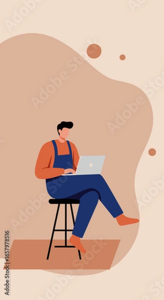 Fototapeta Man in overalls working on a laptop, representing remote work, digital entrepreneurship, or online learning. Ideal for business and lifestyle content.