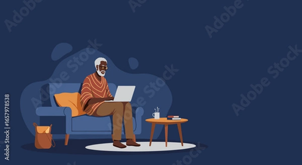 Fototapeta Mature man uses laptop on sofa, representing digital literacy, remote work, or connected lifestyle at home. Space for text.