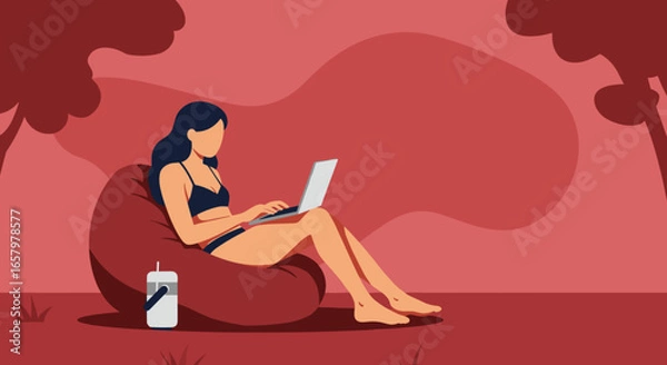 Fototapeta Woman in swimsuit works on laptop outdoors in a relaxed setting, embodying remote work, digital nomad lifestyle, and summer leisure.