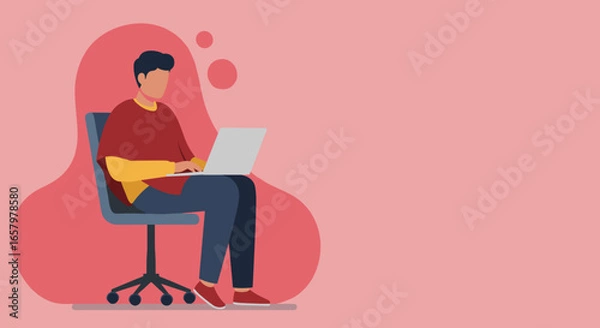 Fototapeta Young man works diligently on a laptop, embodying modern productivity, digital lifestyle, and flexible remote work concepts.