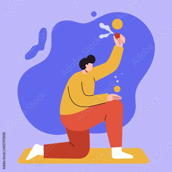 Fototapeta Man on mat in a creative pose, generating new ideas and concepts. Represents imagination, problem-solving, and innovative thinking for business or lifestyle.