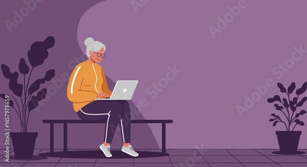 Fototapeta Elderly woman actively using a laptop in a comfortable home setting. Represents modern seniors embracing technology, digital learning, remote work, or leisure.