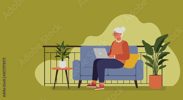 Fototapeta An active senior woman uses a laptop outdoors on a comfortable balcony, embracing technology for work, communication, or leisure in a peaceful setting.