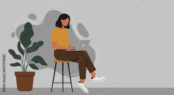 Fototapeta Woman working remotely on a laptop in a modern, minimalist setting with a houseplant, depicting flexible work, productivity, or online learning.
