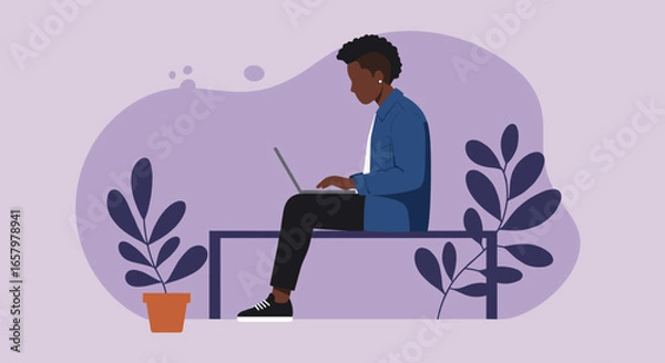Fototapeta Focused individual works efficiently on a laptop in a tranquil, contemporary space. Ideal for remote work, digital lifestyle, and flexible business concepts.