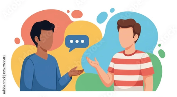 Fototapeta Two stylized men discussing ideas against a vibrant, abstract background, symbolizing communication, collaboration, and dialogue for business and social concepts.
