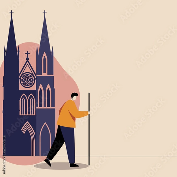 Fototapeta Flat design illustration of a person walking with a guide beside a majestic church, suitable for travel, faith, or historical content.