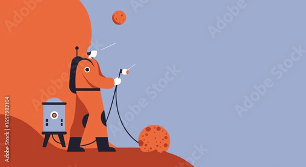 Fototapeta Astronaut in an orange suit explores a red planet, representing future space colonization, scientific discovery, and interplanetary missions.