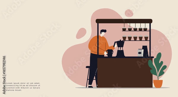 Fototapeta Man preparing coffee at a modern cafe stand. Ideal for concepts of coffee culture, small business, hospitality, and daily routines.