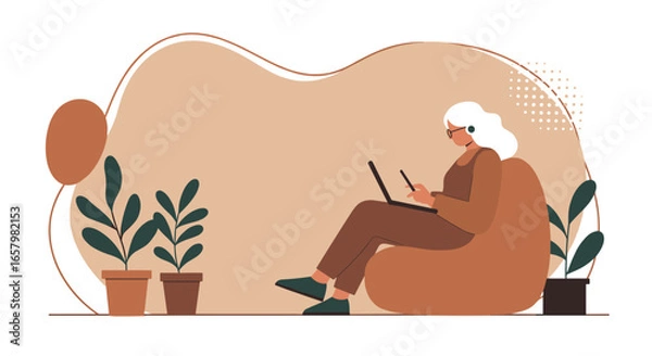 Fototapeta Woman comfortably working from home on a laptop, using a stylus. Ideal for concepts of remote work, online learning, creativity, or digital freelance.