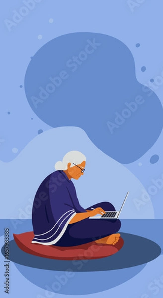 Fototapeta Elderly woman sits comfortably, using a laptop. Depicts seniors embracing technology, digital learning, and online connectivity at home.